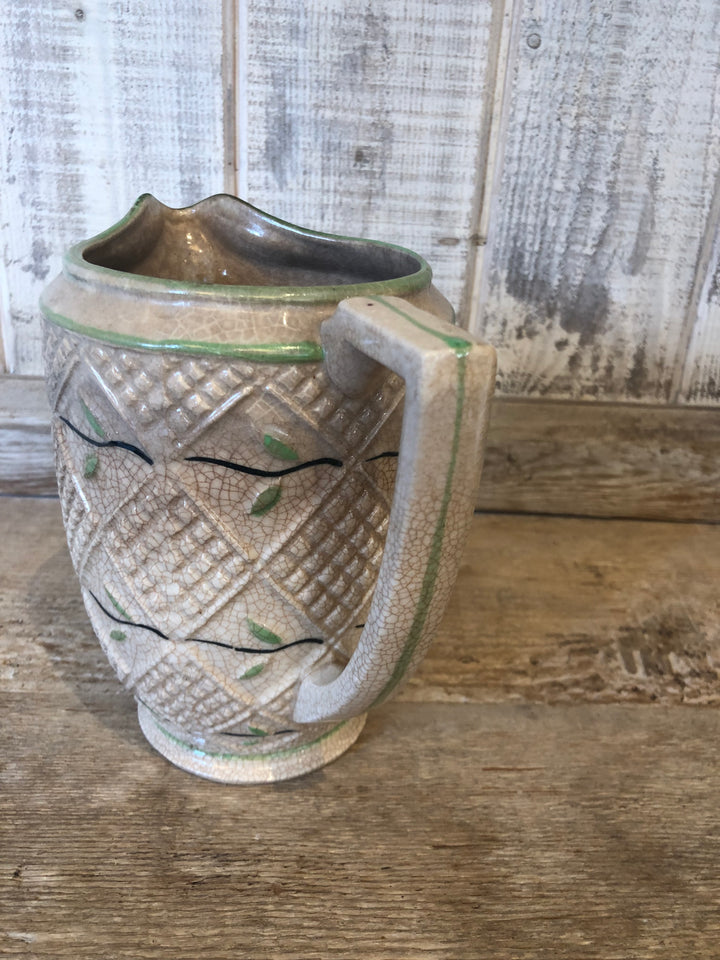 Vintage Pottery Pitcher w/ Diamond Pattern and Green Trim, Japan