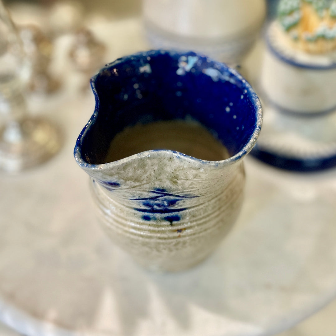 Vintage Small Stoneware Pitcher w/ Cobalt Glazed Accent