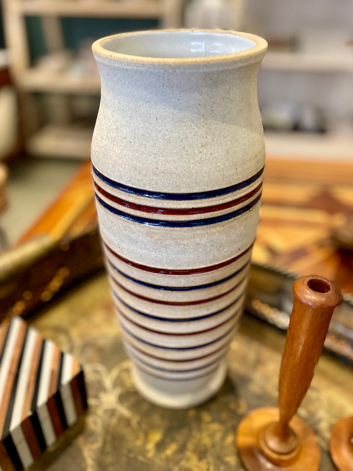Vintage Tall Cylindrical Stoneware Vase w/ Blue + Brown Incised  Glazed Bands