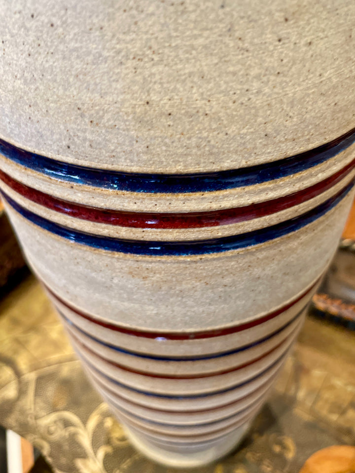 Vintage Tall Cylindrical Stoneware Vase w/ Blue + Brown Incised  Glazed Bands
