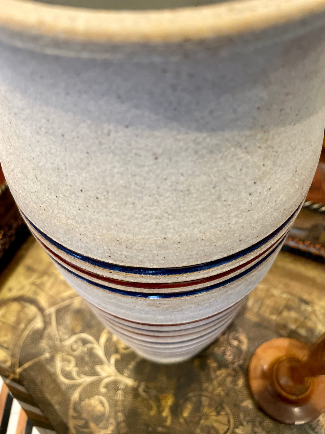 Vintage Tall Cylindrical Stoneware Vase w/ Blue + Brown Incised  Glazed Bands