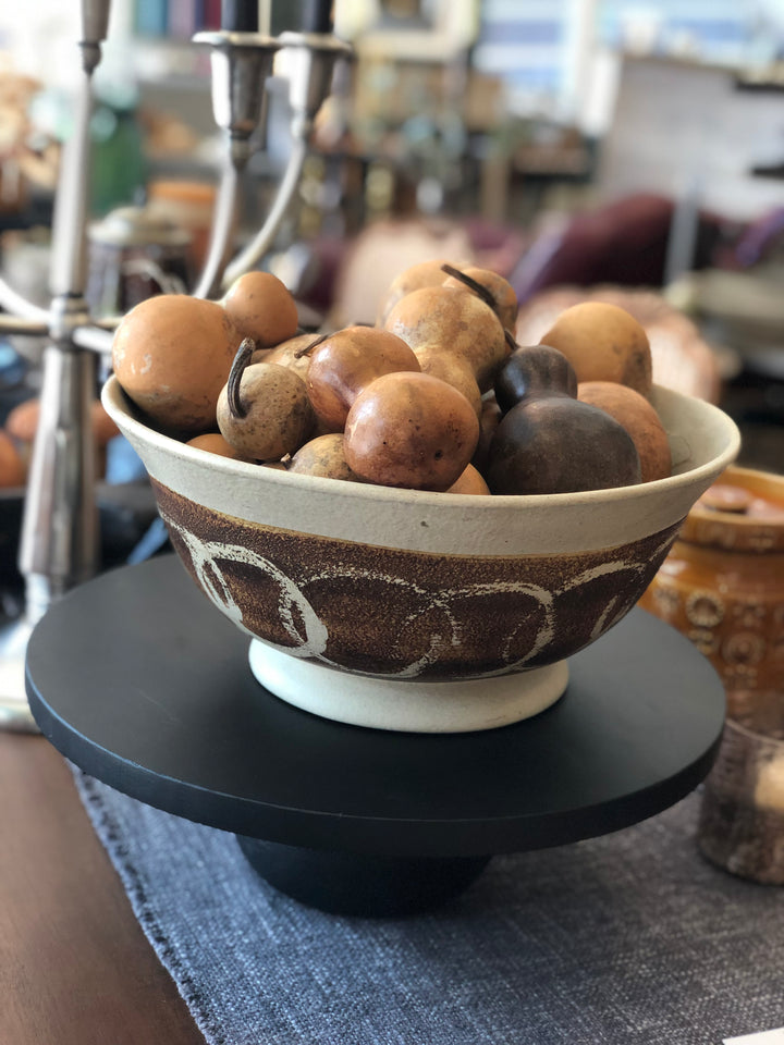 Vintage Stoneware Bowl with Brown Band and Cream Circles