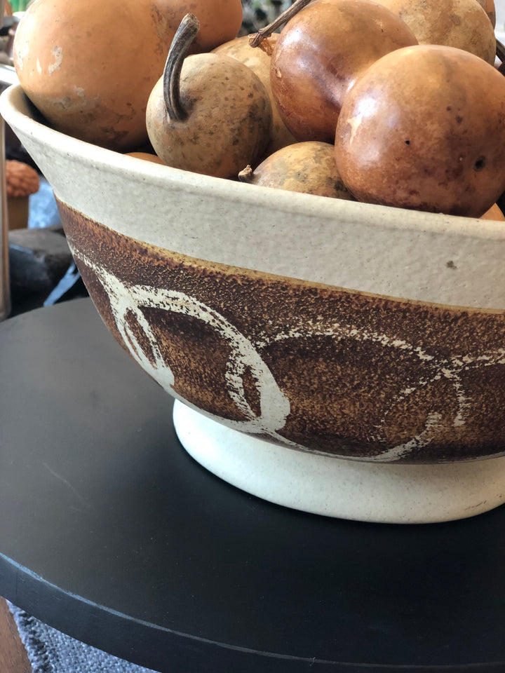 Vintage Stoneware Bowl with Brown Band and Cream Circles