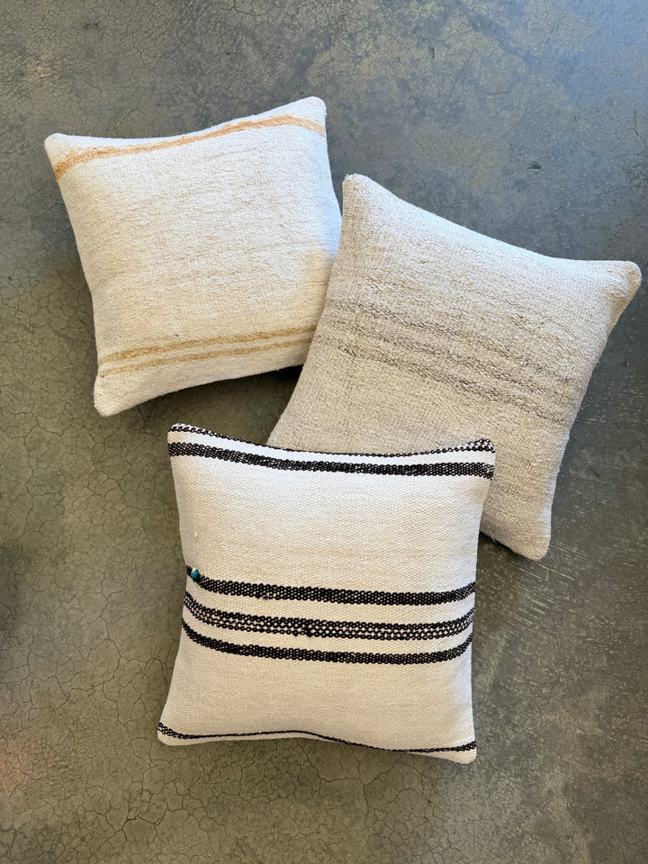 Custom 16" x 16" Pillow made from a Vintage Hemp Rug, Turkey | Flax Stripe