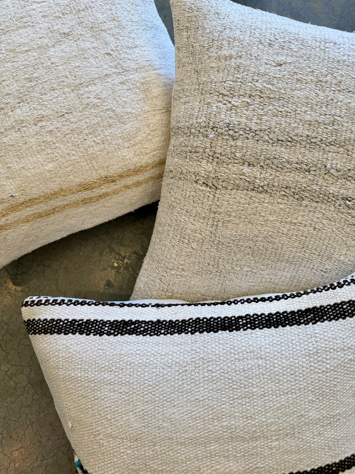 Custom 16" x 16" Pillow made from a Vintage Hemp Rug, Turkey | Brown Stripe