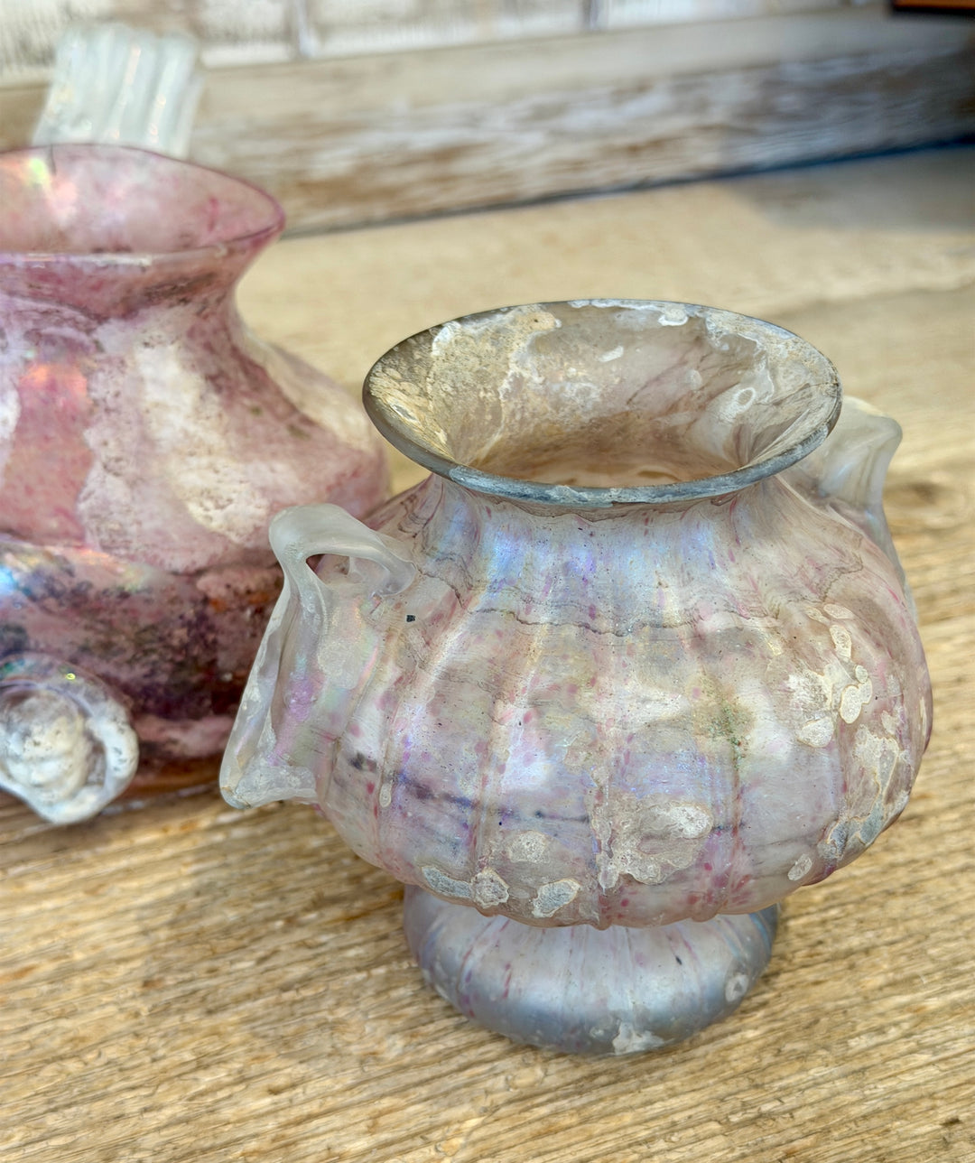 Vintage Murano Art Glass 'Unearthed' Iridescent Pink Urn Vase w/ Handles, Italy