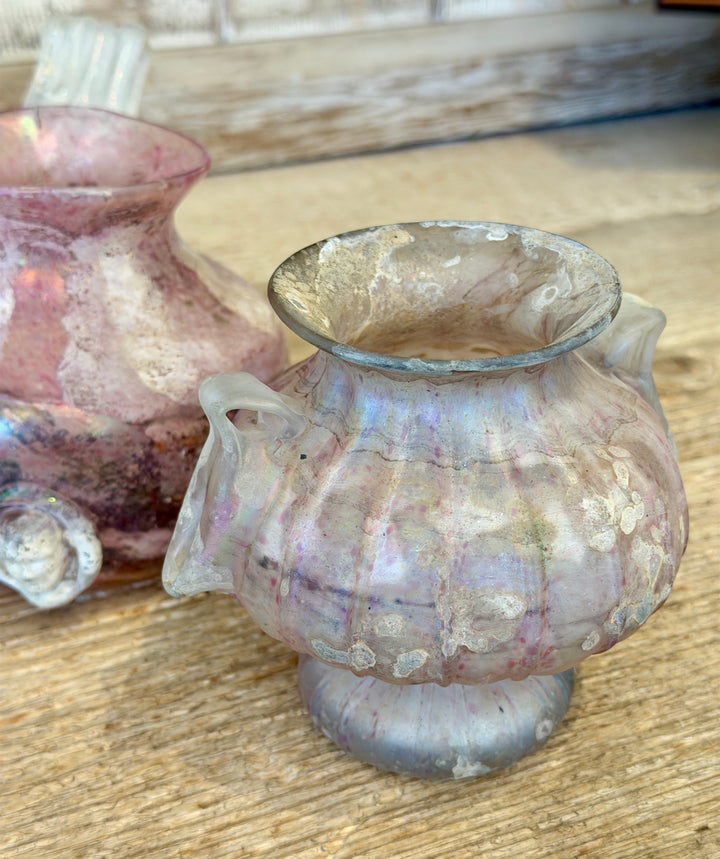 Vintage Murano Art Glass 'Unearthed' Iridescent Pink Urn Vase w/ Handles, Italy