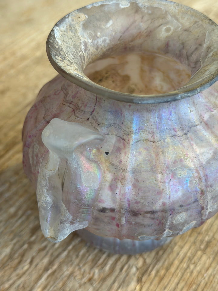 Vintage Murano Art Glass 'Unearthed' Iridescent Pink Urn Vase w/ Handles, Italy