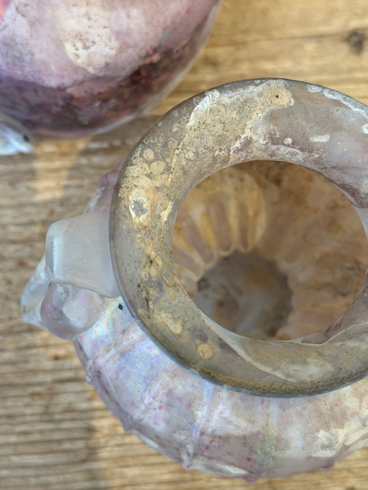 Vintage Murano Art Glass 'Unearthed' Iridescent Pink Urn Vase w/ Handles, Italy