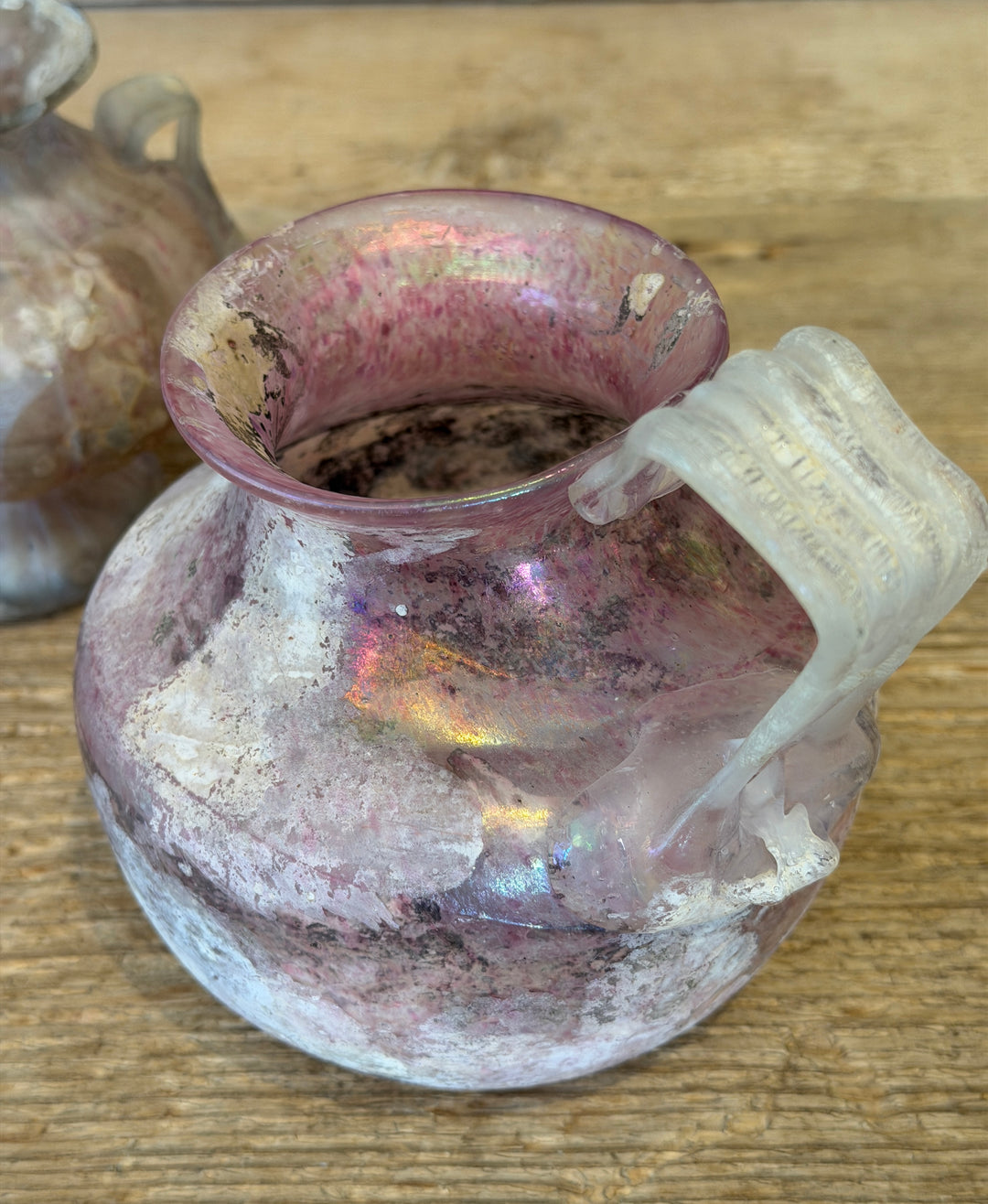 Vintage Murano Art Glass 'Unearthed' Iridescent Pink Urn Vase w/ Handle, Italy