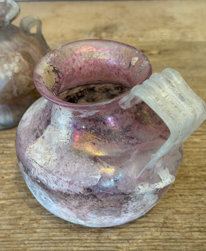 Vintage Murano Art Glass 'Unearthed' Iridescent Pink Urn Vase w/ Handle, Italy