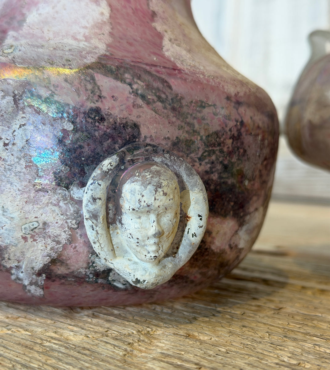 Vintage Murano Art Glass 'Unearthed' Iridescent Pink Urn Vase w/ Handle, Italy