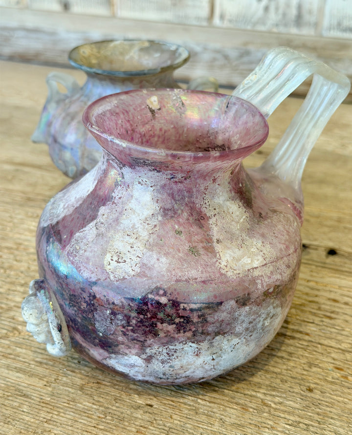 Vintage Murano Art Glass 'Unearthed' Iridescent Pink Urn Vase w/ Handle, Italy