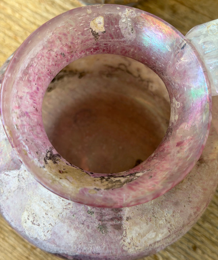 Vintage Murano Art Glass 'Unearthed' Iridescent Pink Urn Vase w/ Handle, Italy