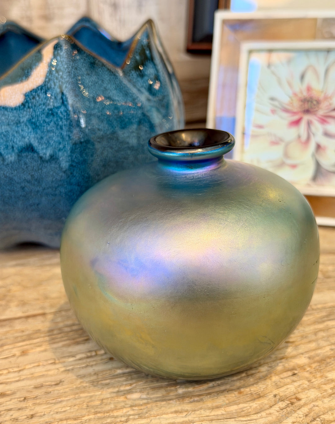 Vintage Small Art Glass Vase w/ Iridescent Glow, Signed by Artist