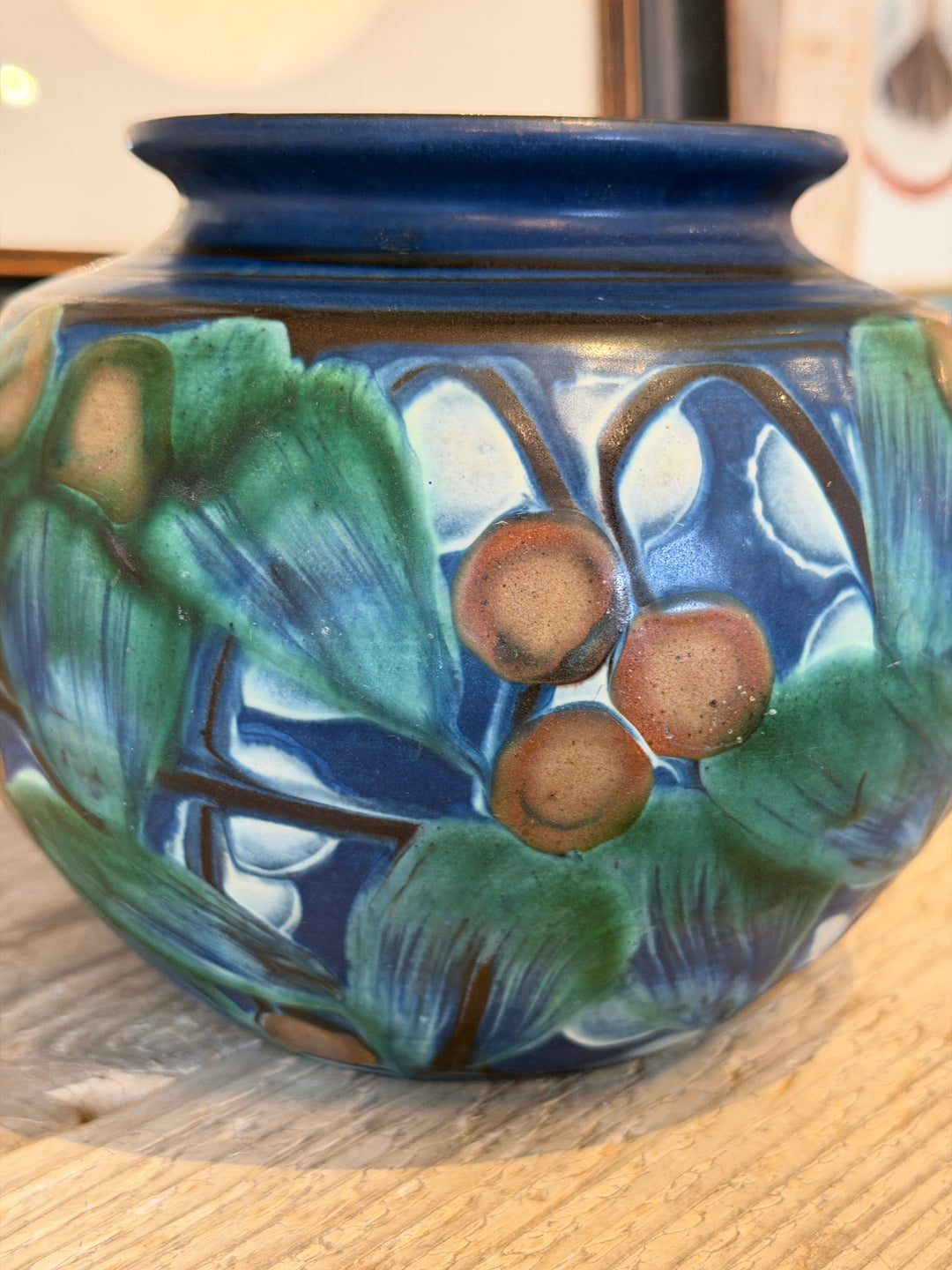 Vintage Round Blue Pottery Vase w/Green Leaves + Berries by HAK, Denmark, Signed