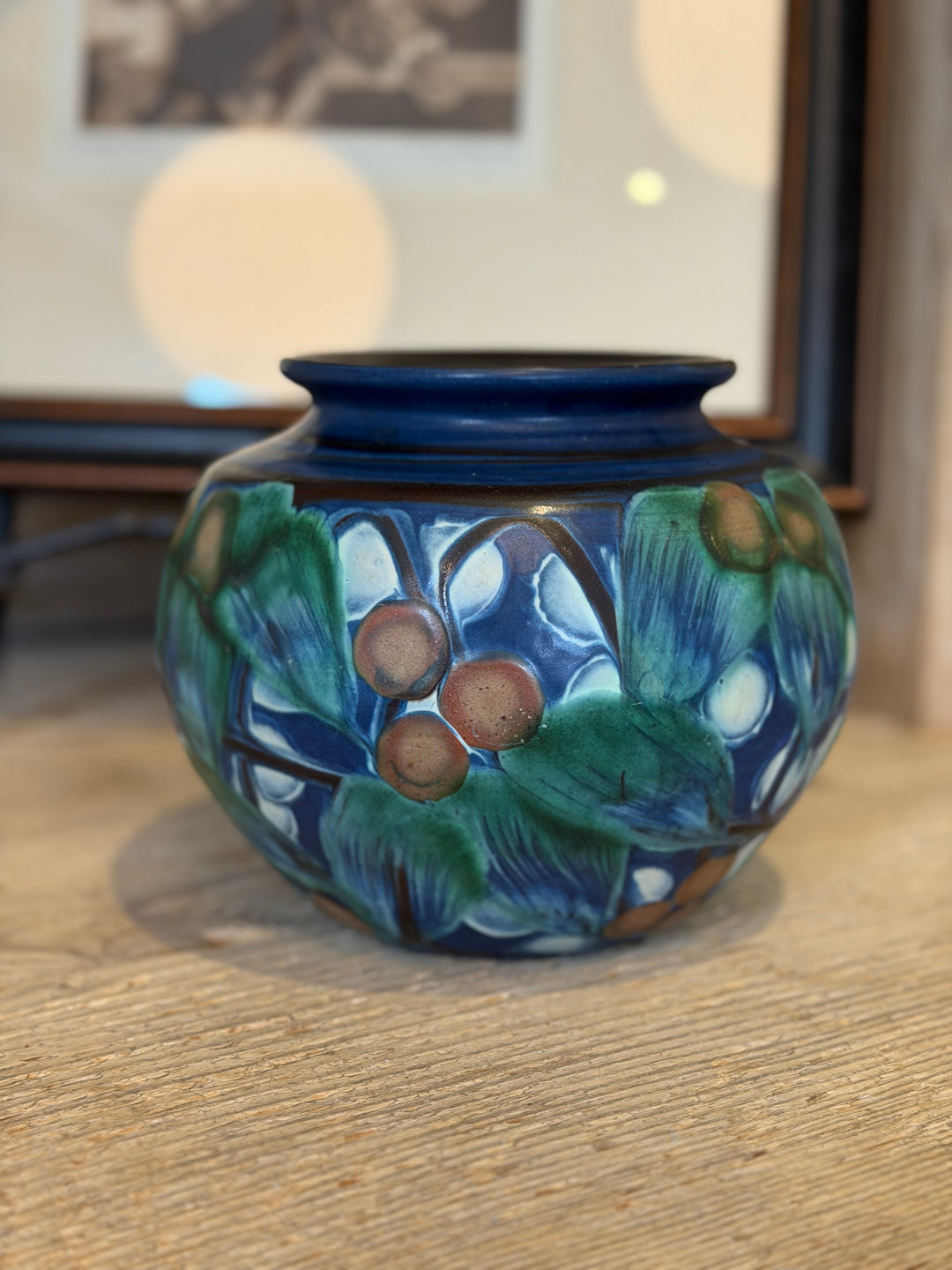 Vintage Round Blue Pottery Vase w/Green Leaves + Berries by HAK, Denmark, Signed