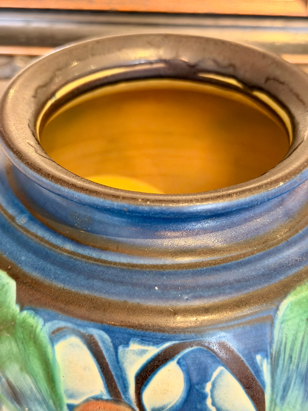 Vintage Round Blue Pottery Vase w/Green Leaves + Berries by HAK, Denmark, Signed