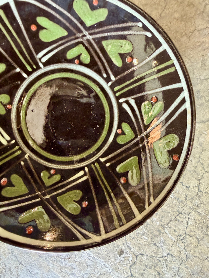 Vintage Shallow Bowl by HAK, Denmark, Signed | Black w/Green Hearts