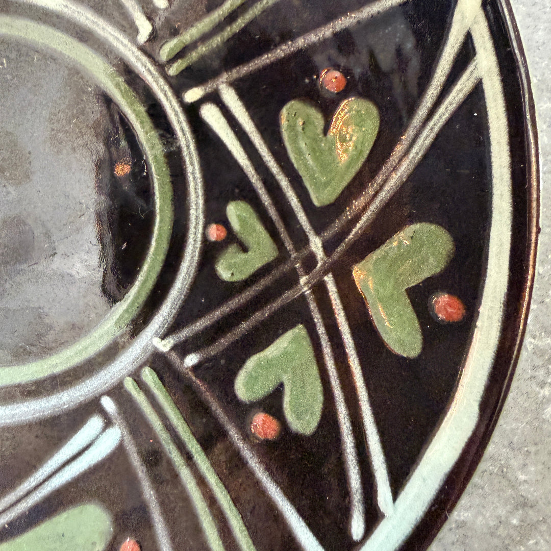 Vintage Shallow Bowl by HAK, Denmark, Signed | Black w/Green Hearts