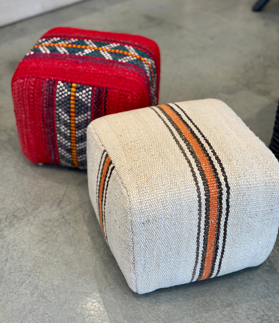 Custom 12" x 12" x 11" Cube Stool, Upholstered in a Vintage Cream w/Orange Stripe Wool Rug, Turkey