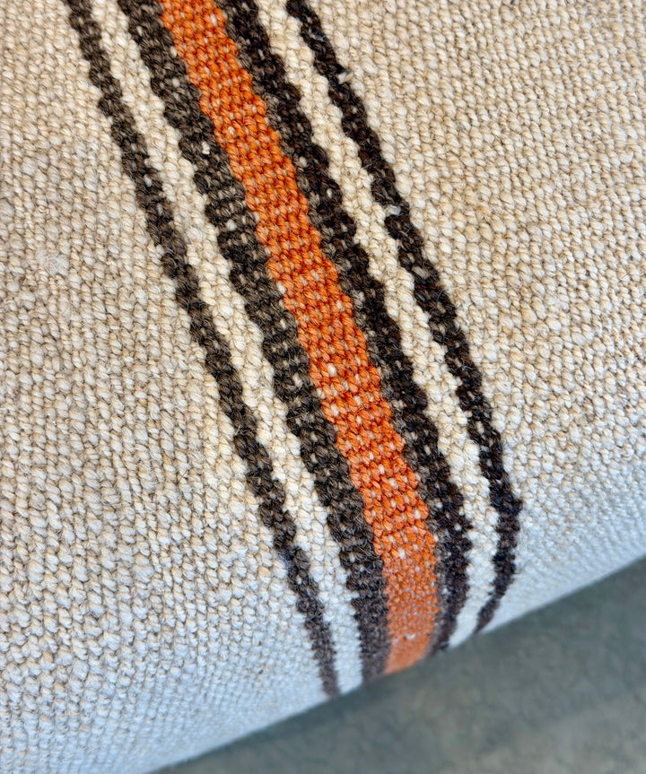 Custom 12" x 12" x 11" Cube Stool, Upholstered in a Vintage Cream w/Orange Stripe Wool Rug, Turkey
