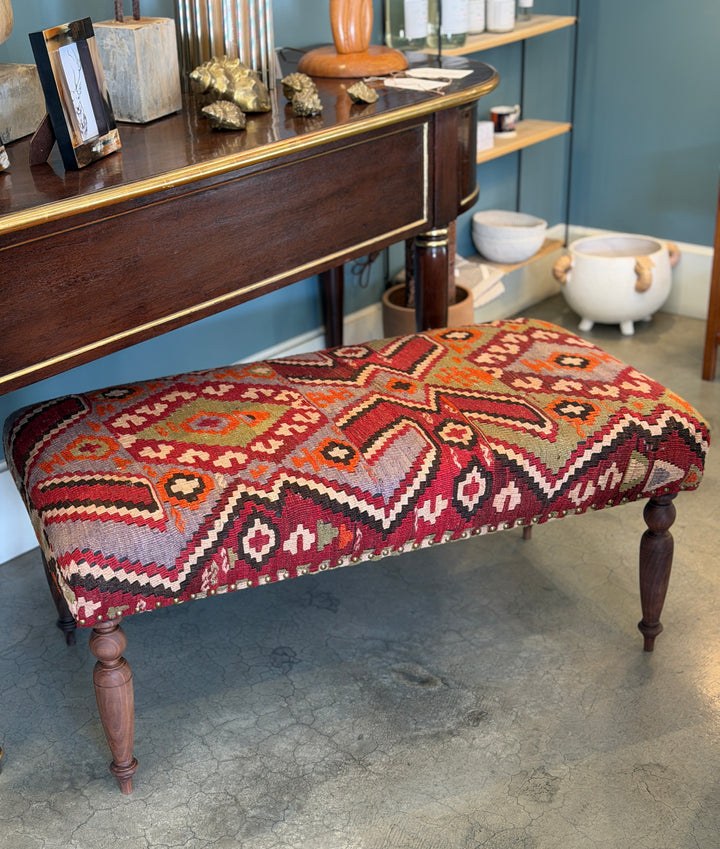 Custom Bench Upholstered in Vintage Turkish Rug with Nailhead Trim