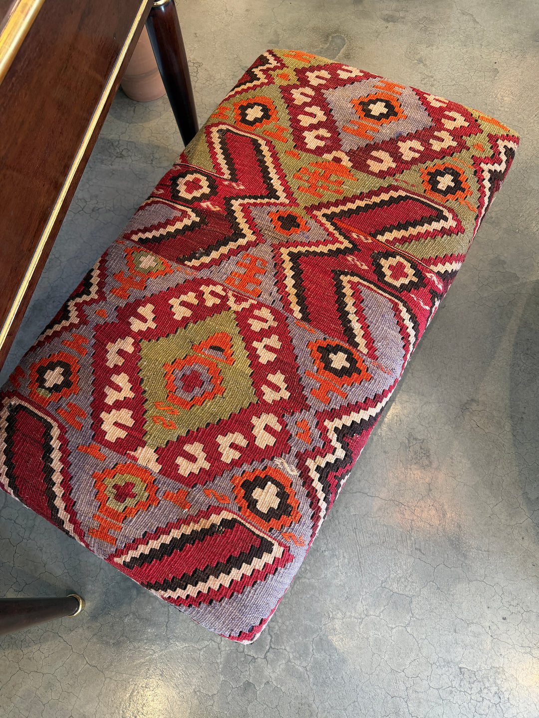 Custom Bench Upholstered in Vintage Turkish Rug with Nailhead Trim