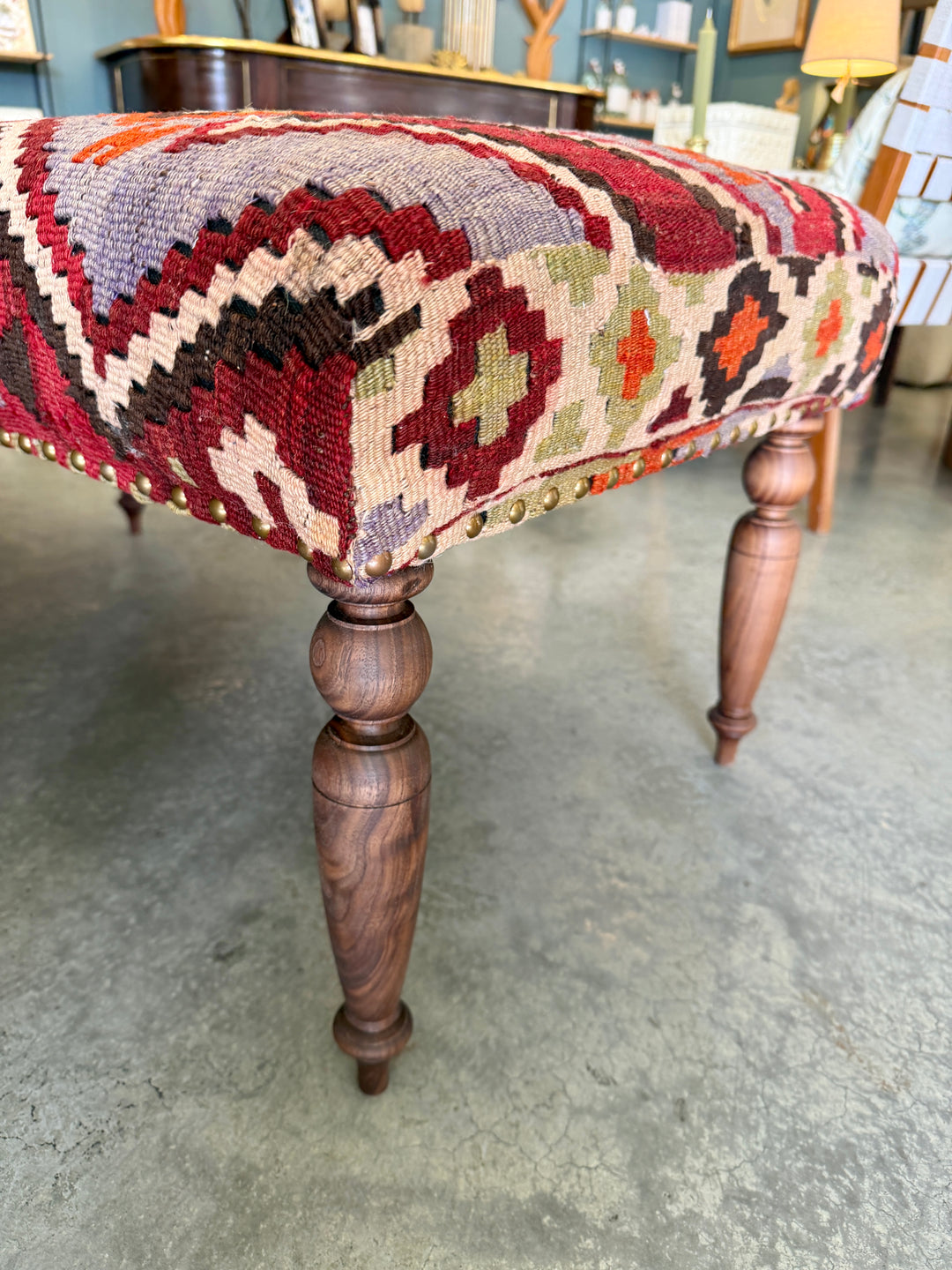 Custom Bench Upholstered in Vintage Turkish Rug with Nailhead Trim