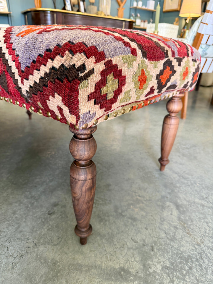 Custom Bench Upholstered in Vintage Turkish Rug with Nailhead Trim