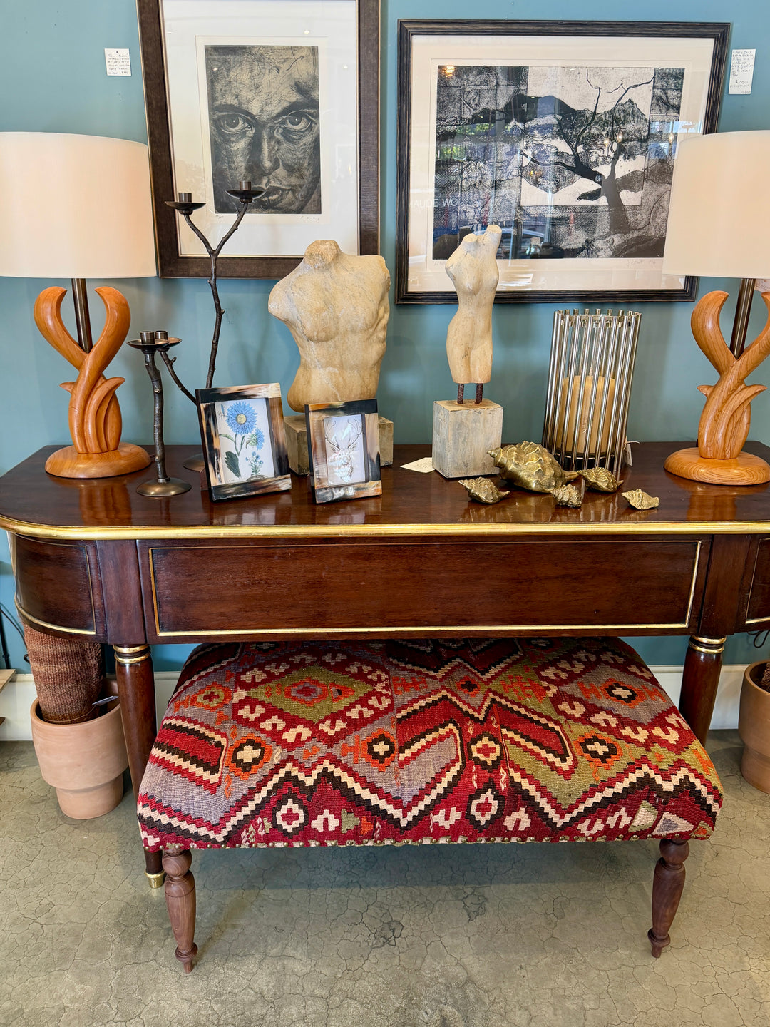Custom Bench Upholstered in Vintage Turkish Rug with Nailhead Trim