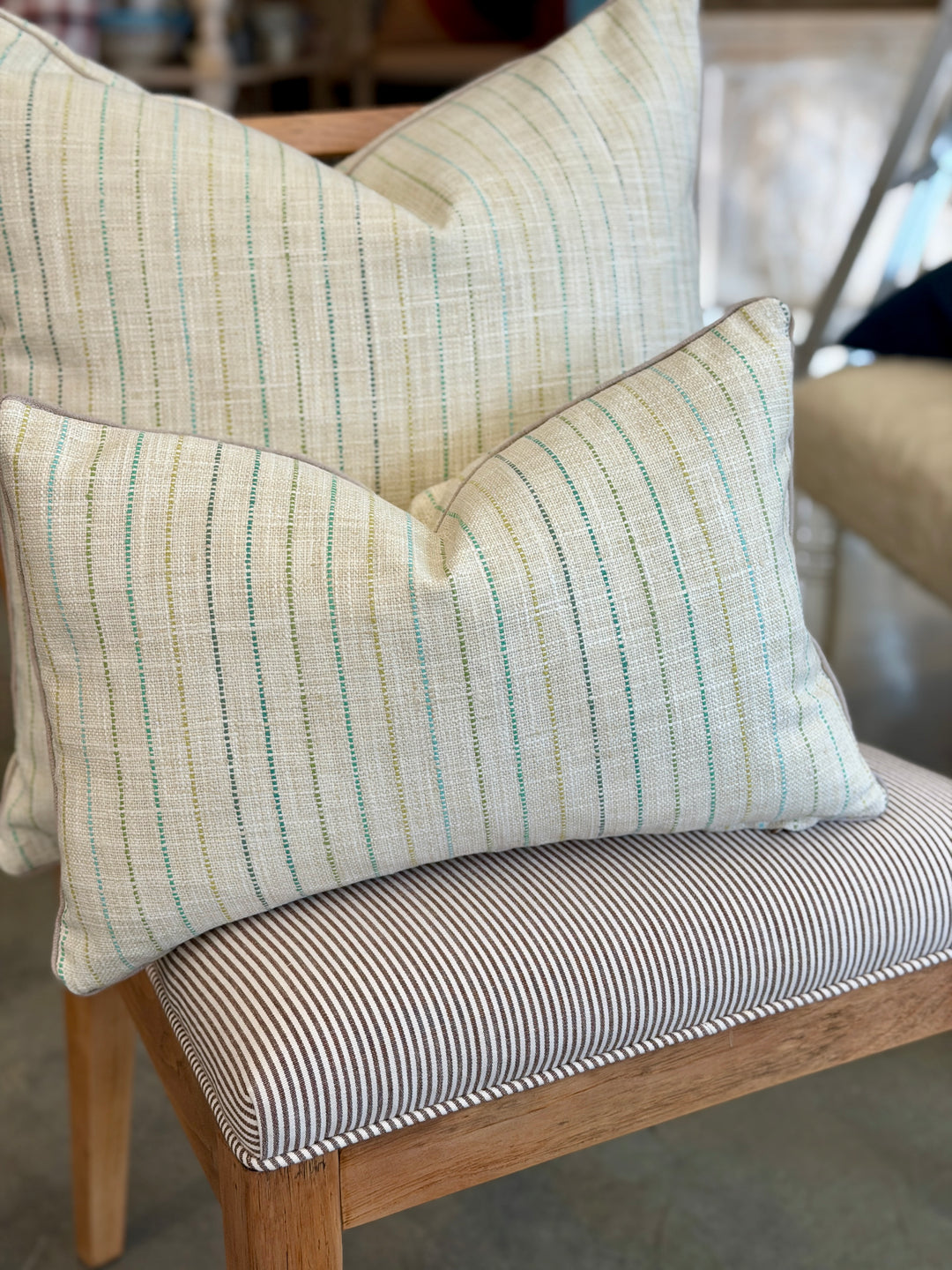 Custom 12" x 18" Pillow made from a Cream Cotton / Linen w/ Pinstripes