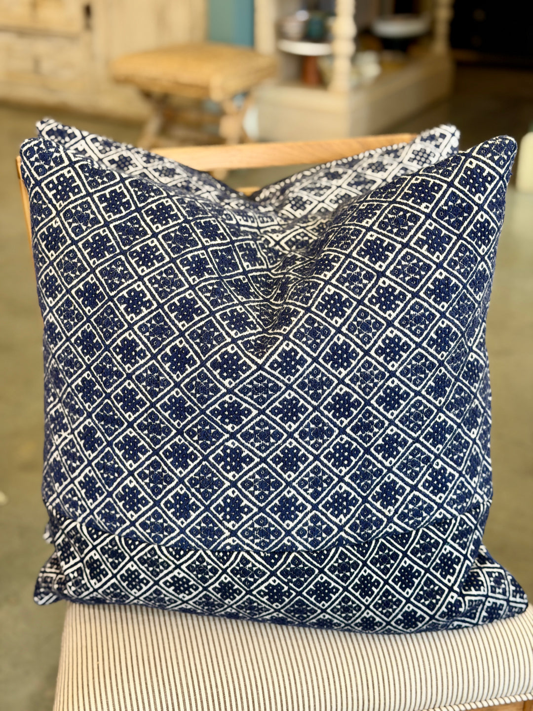 Custom 21" x 21" Pillow made from Vintage Hand-Stitched Textile | Blue + White