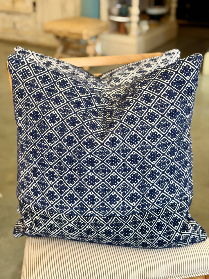 Custom 21" x 21" Pillow made from Vintage Hand-Stitched Textile | Blue + White