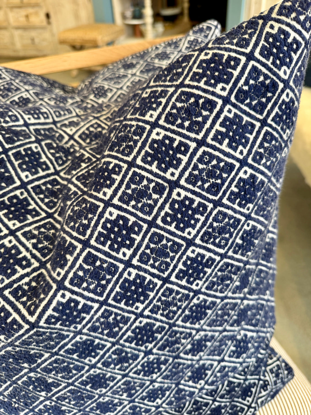 Custom 21" x 21" Pillow made from Vintage Hand-Stitched Textile | Blue + White