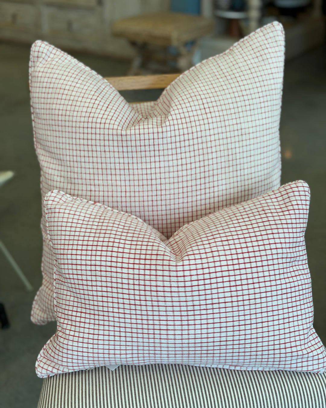 Custom 12" x 18" Pillow made from Vintage Handspun French Linen | Red Check