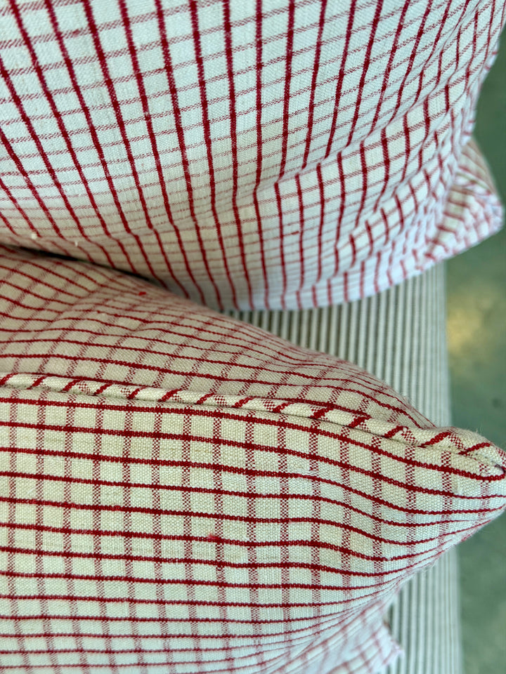 Custom 12" x 18" Pillow made from Vintage Handspun French Linen | Red Check