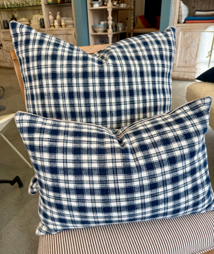 Custom 21" x 21" Pillow made from Vintage Handspun French Linen | Blue + White Check