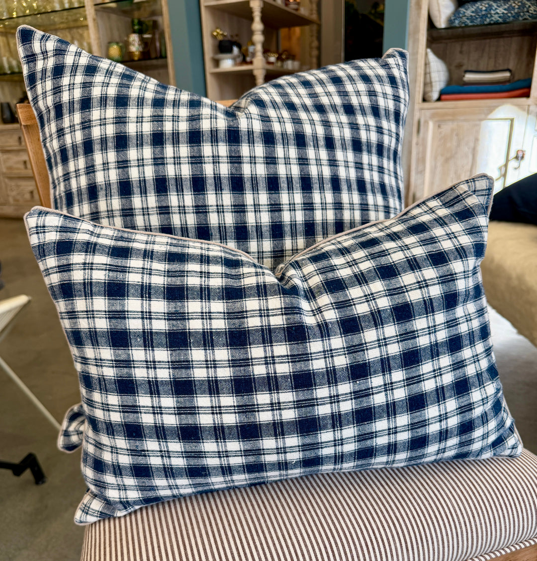 Custom 12" x 18" Pillow made from Vintage Handspun French Linen | Blue + White Check