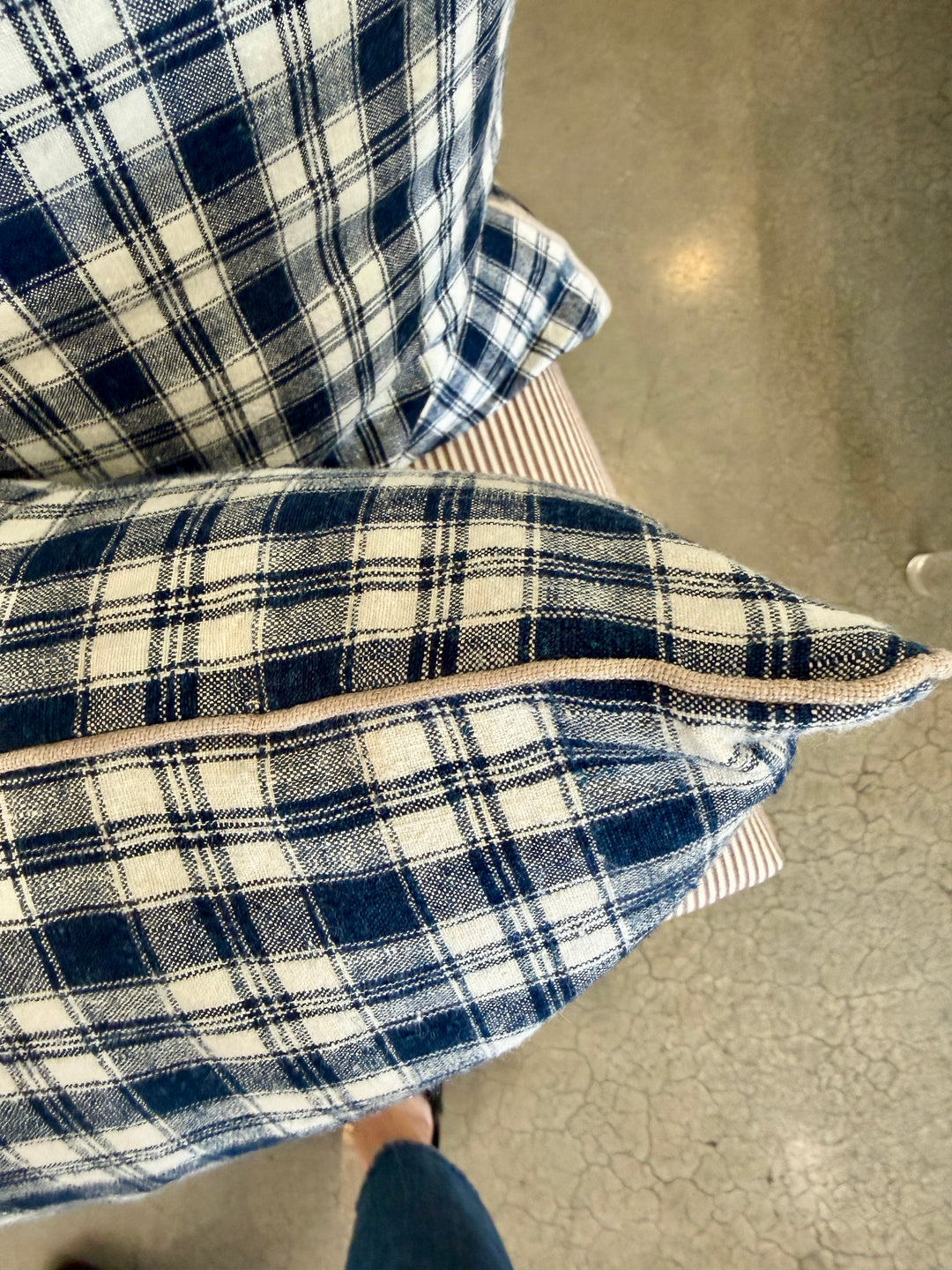 Custom 21" x 21" Pillow made from Vintage Handspun French Linen | Blue + White Check