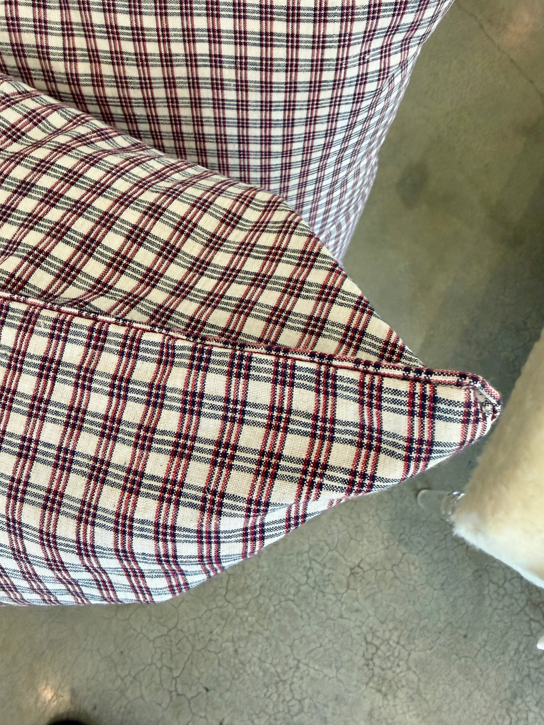 Custom 26" x 26" Pillow made from Vintage Handspun French Linen | Red + Blue Check