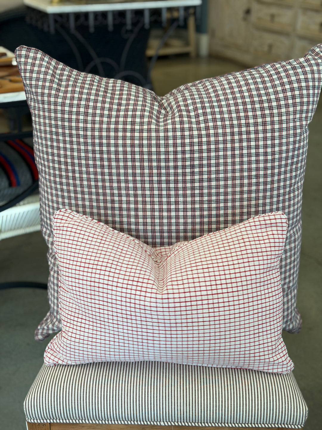 Custom 26" x 26" Pillow made from Vintage Handspun French Linen | Red + Blue Check