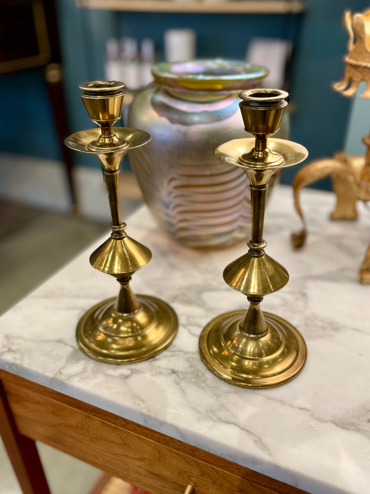 Vintage Brass Candlesticks w/ Drip Catcher | Pair