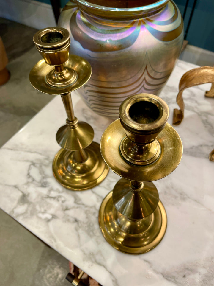 Vintage Brass Candlesticks w/ Drip Catcher | Pair