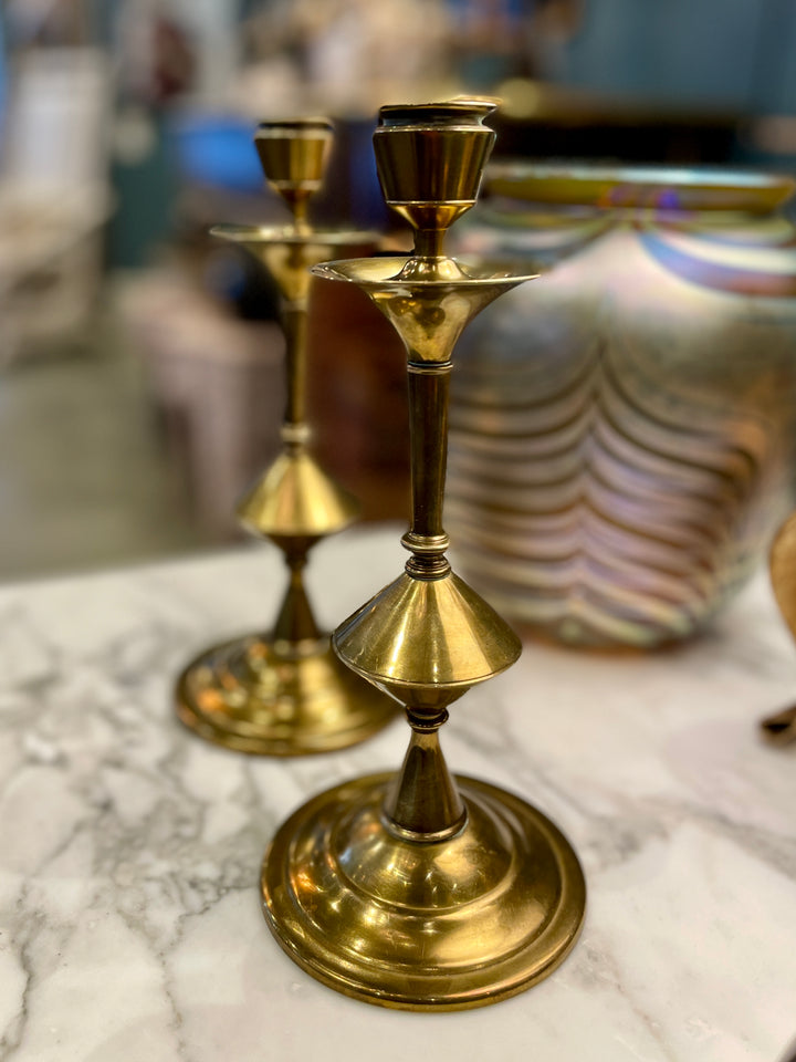 Vintage Brass Candlesticks w/ Drip Catcher | Pair