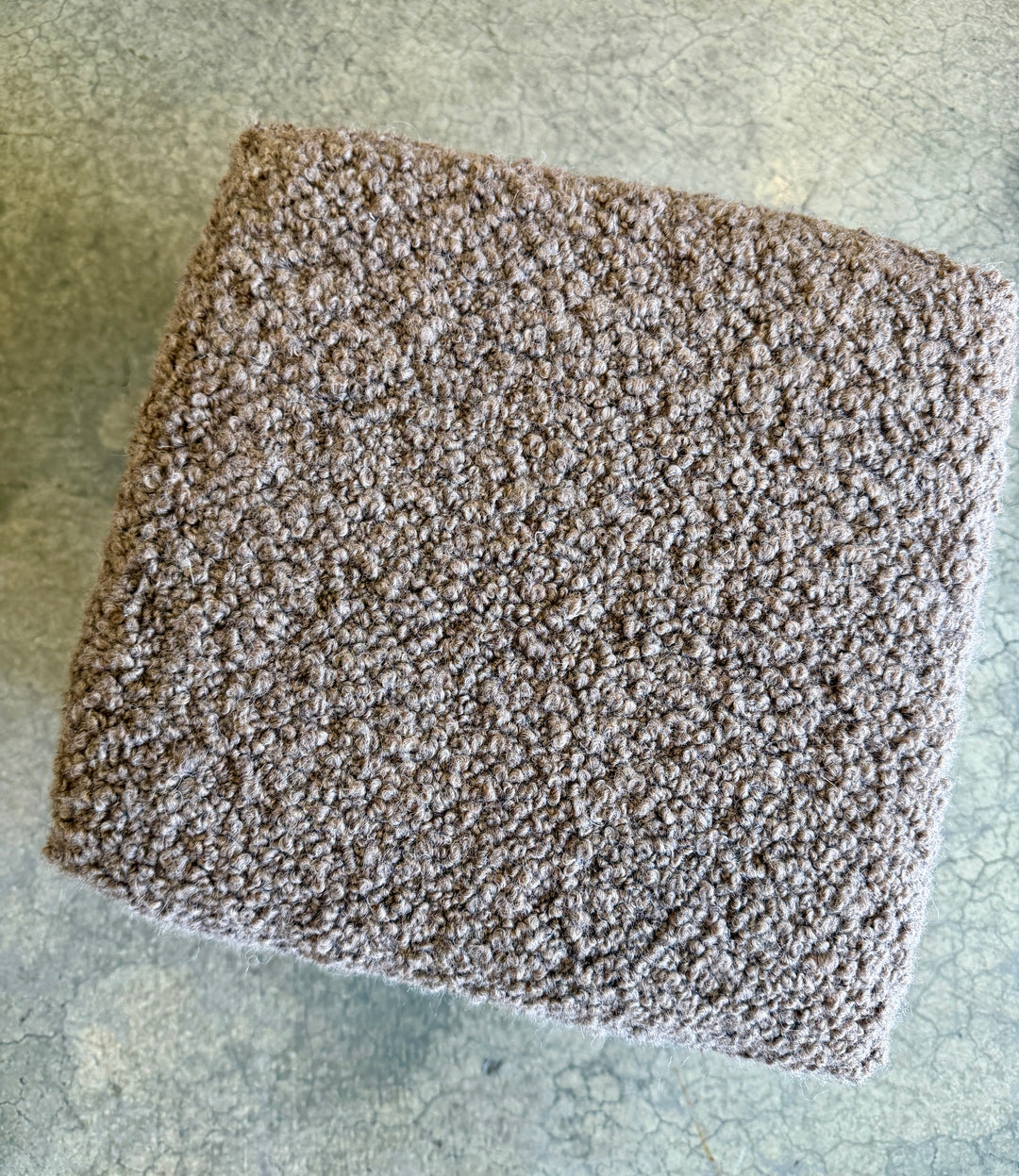 Custom Footstool Upholstered in a Mushroom Alpaca Boucle with Wood Legs