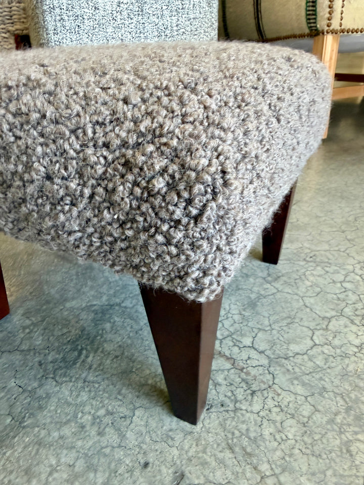 Custom Footstool Upholstered in a Mushroom Alpaca Boucle with Wood Legs