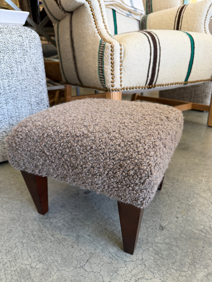 Custom Footstool Upholstered in a Mushroom Alpaca Boucle with Wood Legs