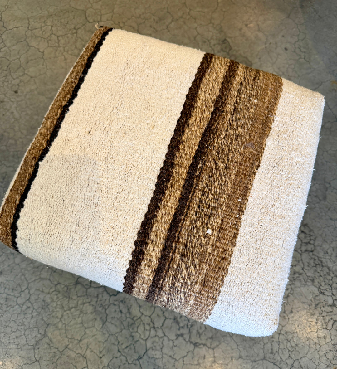 Custom Footstool Upholstered in a Vintage Striped Rug, Turkey with Wood Legs