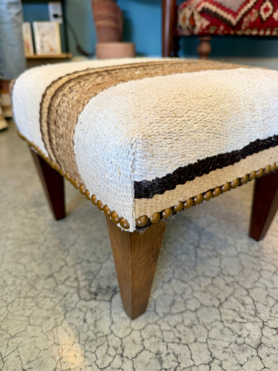 Custom Footstool Upholstered in a Vintage Striped Rug, Turkey with Wood Legs
